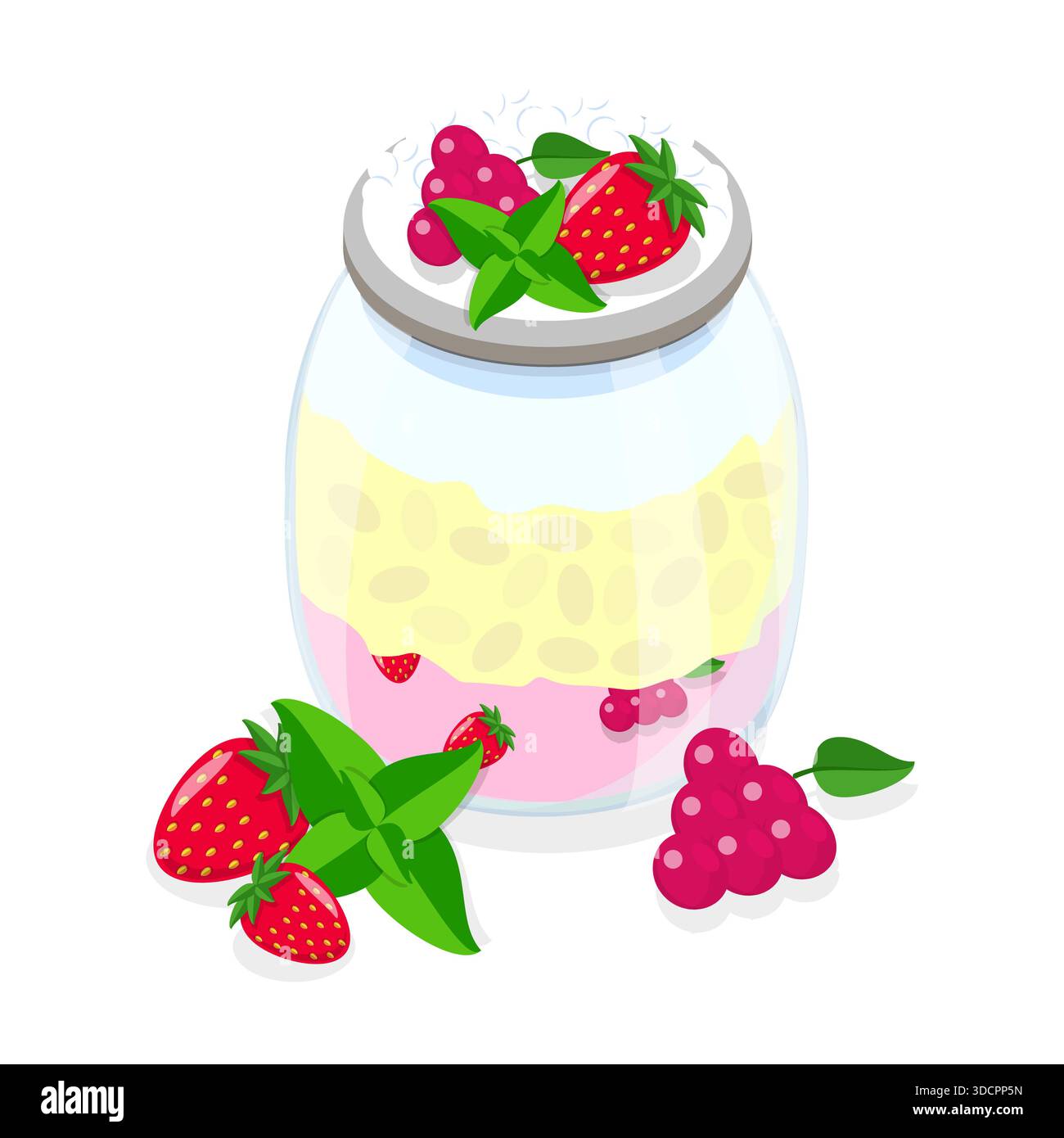 Set piatto isometrico 3D di budini notturni, avena con fragole fresche, mirtilli. Punto 3 Foto Stock