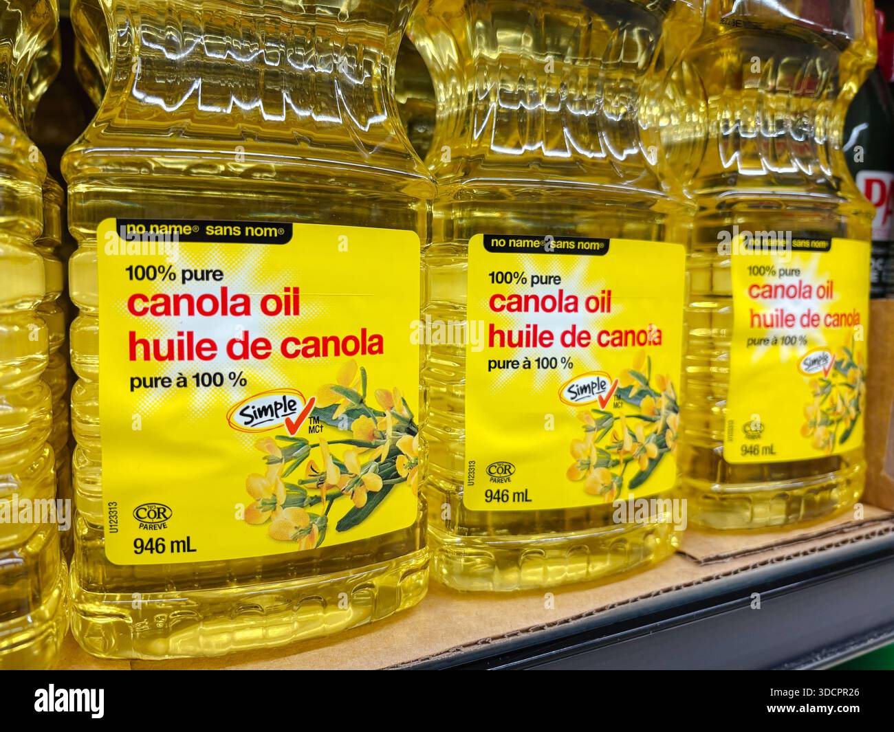 Nessun nome di bottiglie di olio di canola. L'olio vegetale, l'olio da cucina e l'olio commestibile sono ingredienti alimentari essenziali esposti in un negozio di alimentari. Foto Stock