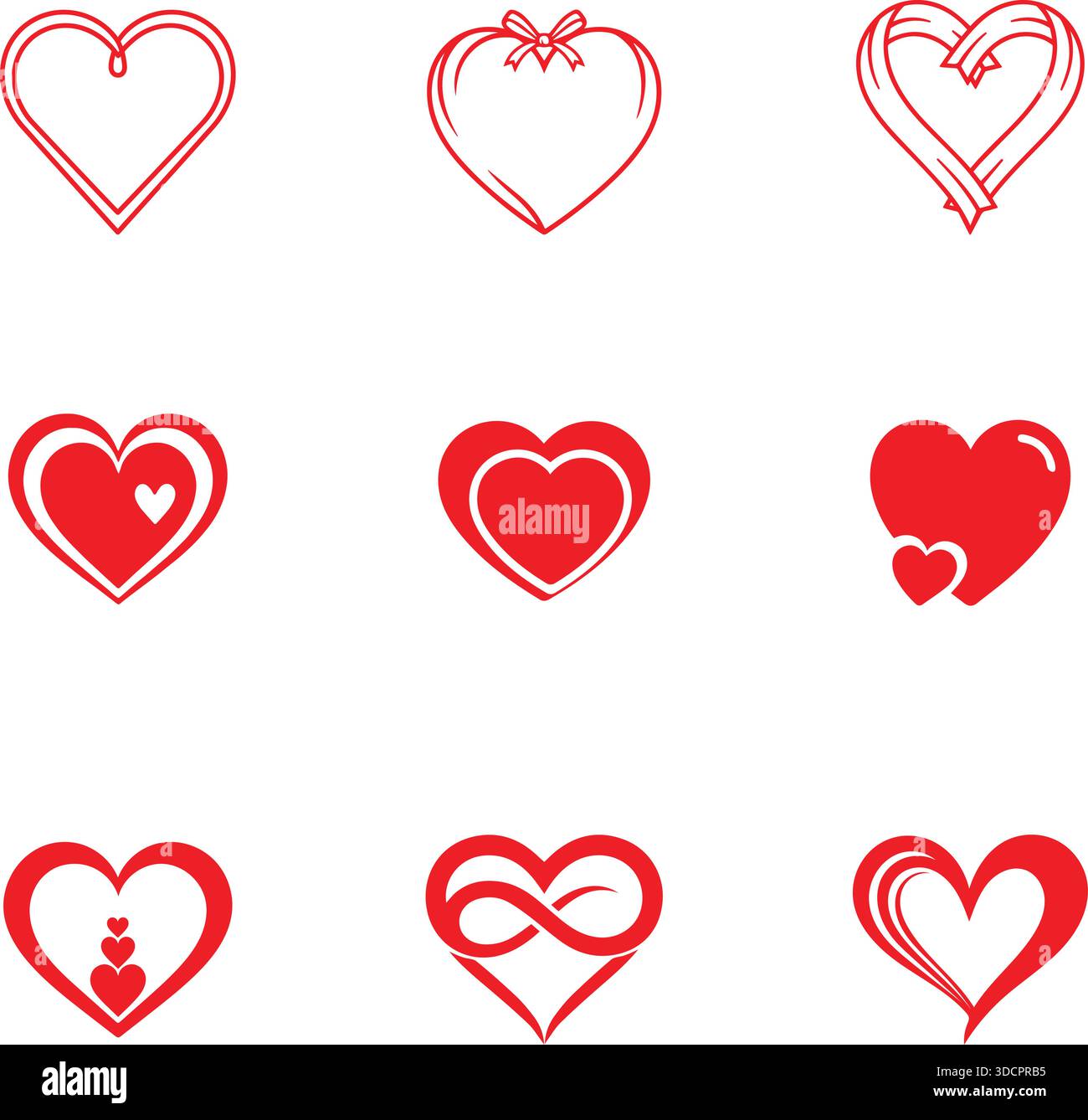 Icone rosse a forma di cuore caratterizzate da linee e stili solidi, collezione di simboli d'amore e romanticismo, elementi di design di San Valentino isolati su sfondo bianco. Illustrazione Vettoriale