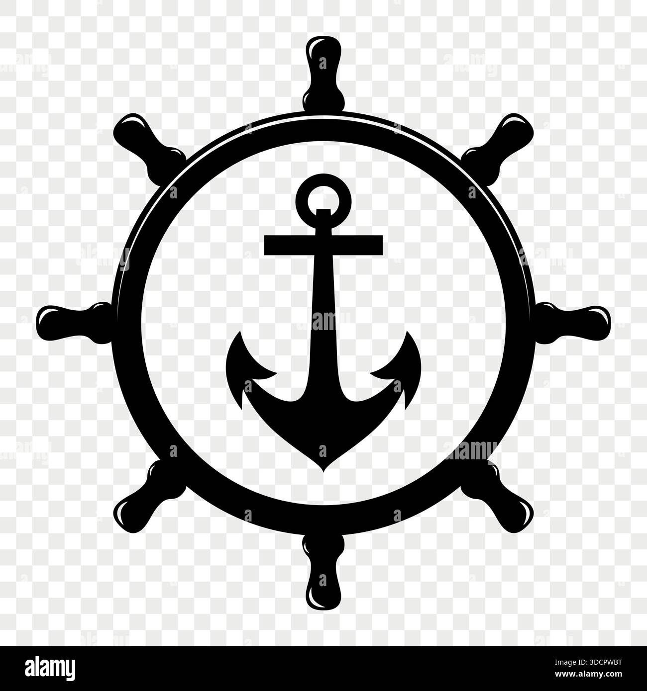 Vector Vintage Anchor and Ship Wheel. Icona timone nautico, retro Captain Tattoo Design, logo Sailing Club, stemma Maritime Adventure, Sea Illustrazione Vettoriale