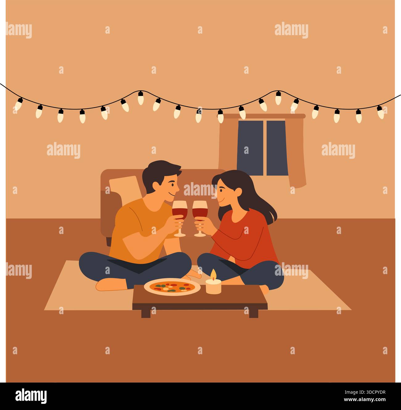 Un'accogliente illustrazione vettoriale di una coppia che condivide vino e pizza su un tappeto sotto calde luci a corda, creando un'atmosfera romantica e intima. Illustrazione Vettoriale