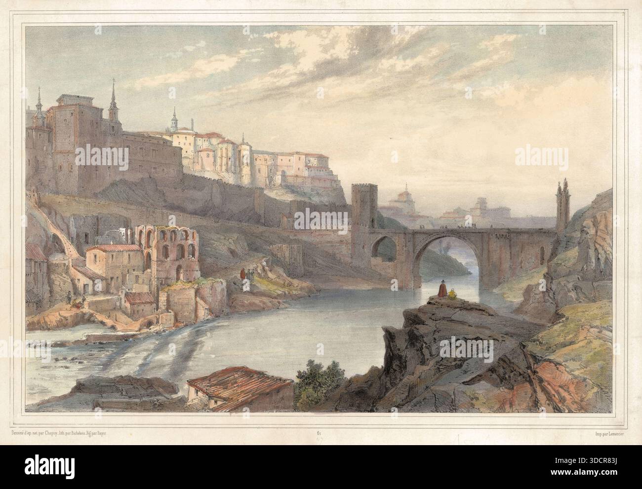 "Toledo; 1844." Vista litografica a colori dell'artista francese Nicolas Chapuy. Prelevato dalle rive del fiume Tago. Foto Stock