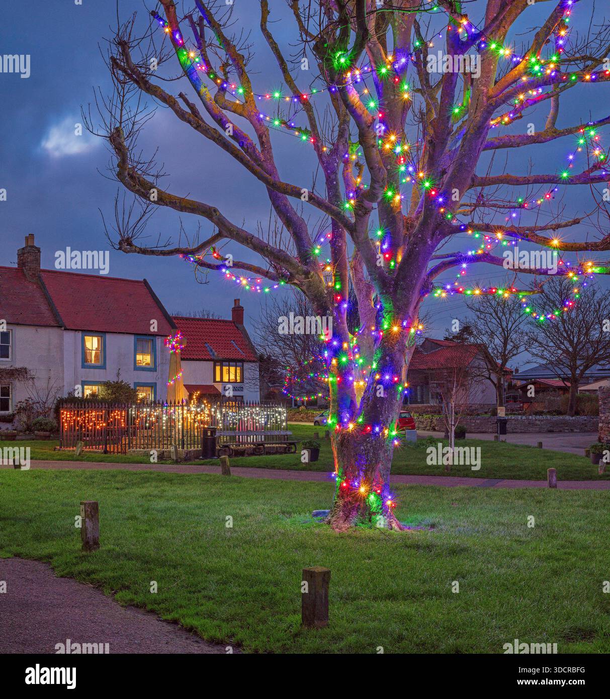 Una vista al crepuscolo di Natale dello spettacolo delle luci di Natale nella piazza del villaggio, memoriale di guerra sull'Isola Santa di Lindisfarne nel Northumberland Foto Stock
