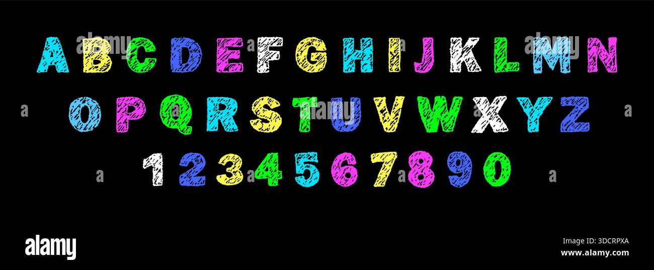 Pastello dell'alfabeto inglese. Font per scrittura a mano per bambini divertenti. Colorare le lettere dei bambini. Stile grunge. Illustrazione vettoriale Illustrazione Vettoriale