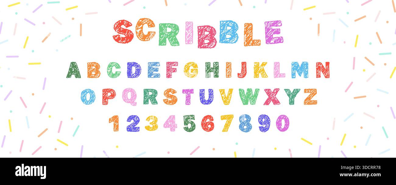 Pastello dell'alfabeto inglese. Carattere per bambini audace e divertente. Lettere e numeri in stile calligrafico. Stile grunge. Illustrazione vettoriale Illustrazione Vettoriale