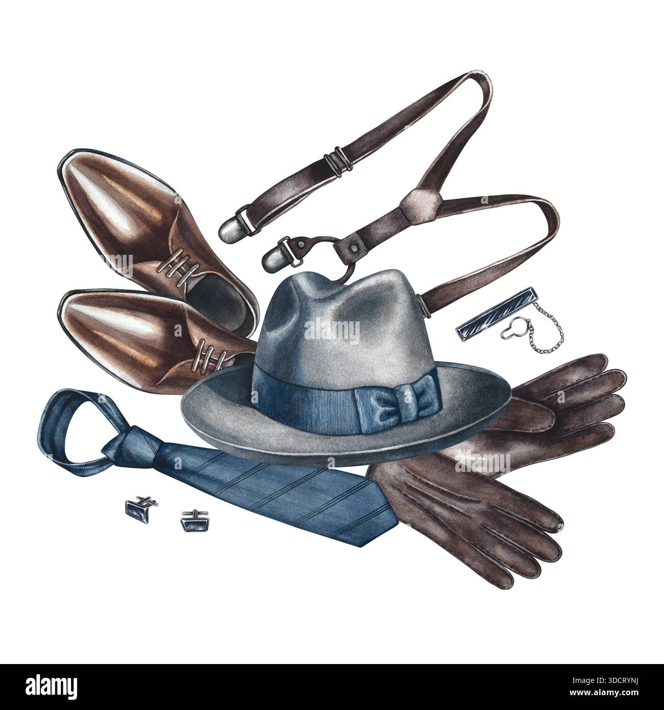 Composizione con accessori da uomo. Illustrazioni ad acquerello fatte a mano. Articoli alla moda da uomo vintage. Per cartoline, striscioni, festeggiamenti maschili Foto Stock