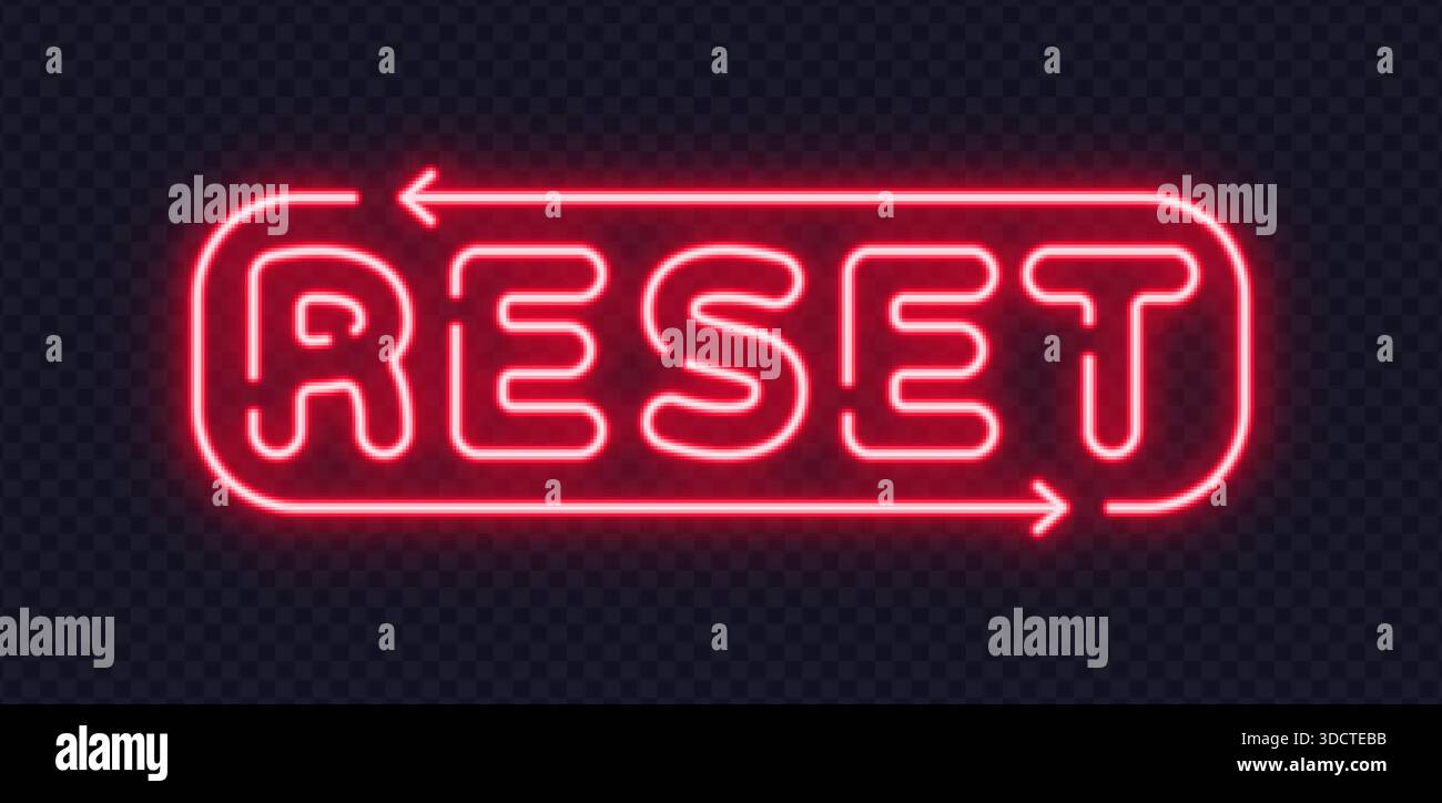 Segno rosso di reset al neon con frecce, creato per gli elementi dell'interfaccia e i concetti di riavvio. Il bagliore dinamico suggerisce un tocco di freschezza e un nuovo inizio istantaneo. Illustrazione Vettoriale