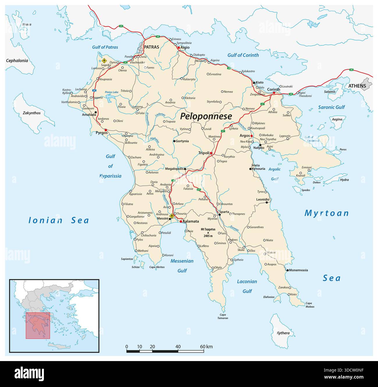 Mappa stradale dell'isola greca del Peloponneso Foto Stock