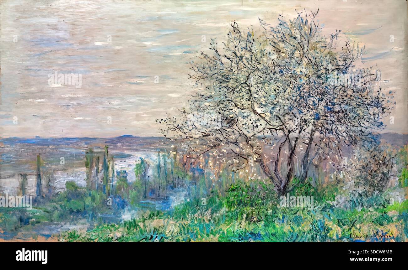 Claude Monet atmosfera primaverile a Vtheuil 1880 olio su tela, vibrante paesaggio di un villaggio impressionista. Illustrazione Vettoriale