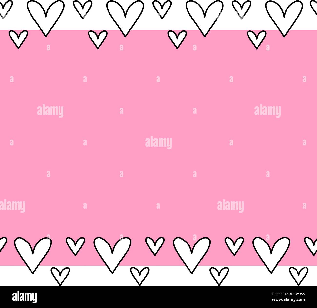 Linea del cuore cornice di San Valentino bordo orizzontale senza cuciture. Illustrazione in bianco e nero della linea grafica vettoriale. Per poster, volantini, banner, inviti, Illustrazione Vettoriale