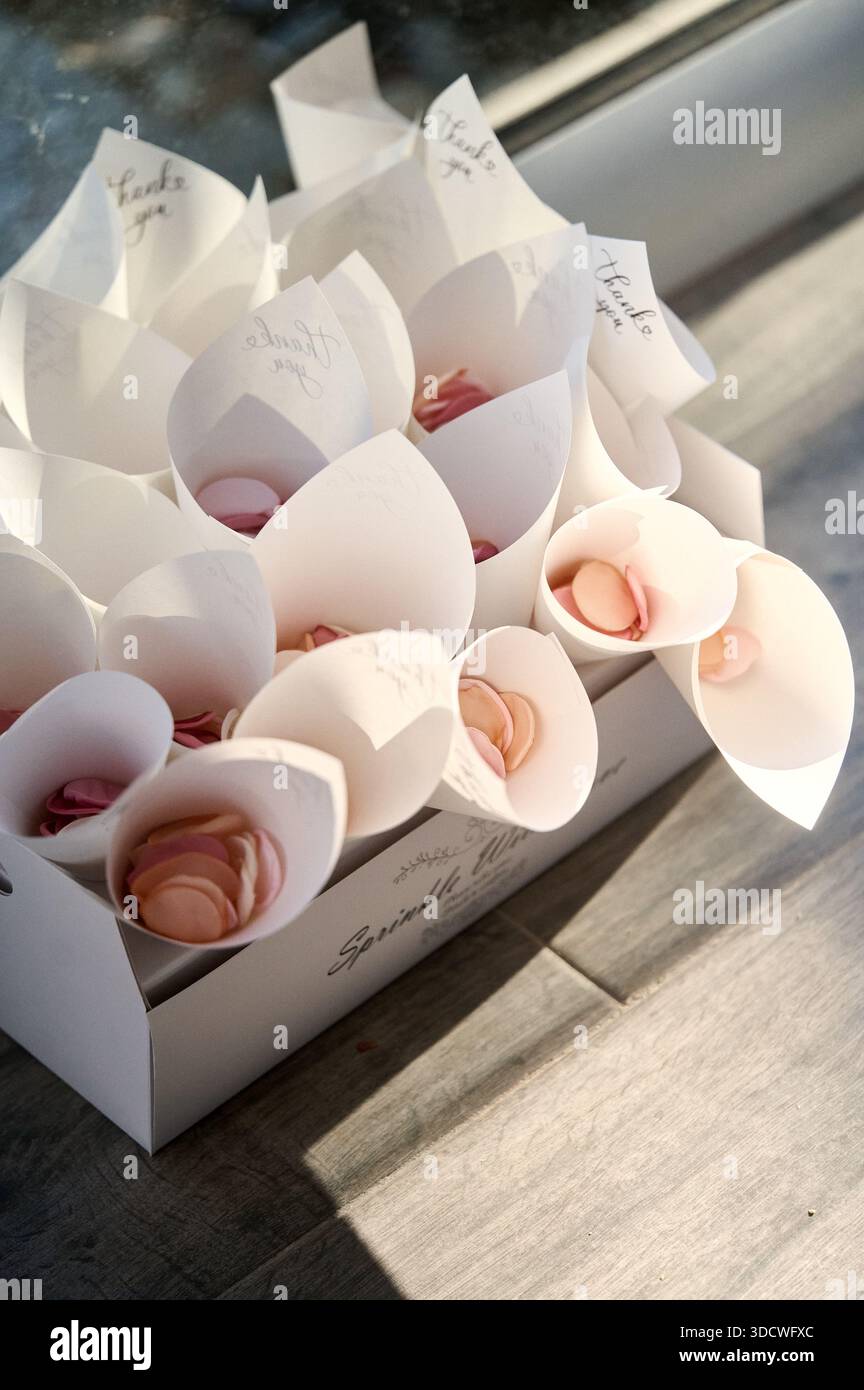 Una delicata disposizione di coni di carta bianca riempiti di petali di rosa pastello, ciascuno stampato con "Grazie". Perfettamente illuminata dalla luce naturale del sole, questa ima Foto Stock