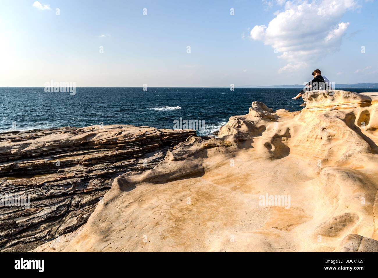Due persone sono sedute sui gradini di roccia dell'altopiano di Senjojiki vicino a Shirahama, guardando il mare. La terrazza di arenaria, sollevata dal fondale marino più di 15 milioni di anni fa, è protetta dal 1926. Prefettura di Wakayama, Giappone. Foto Stock