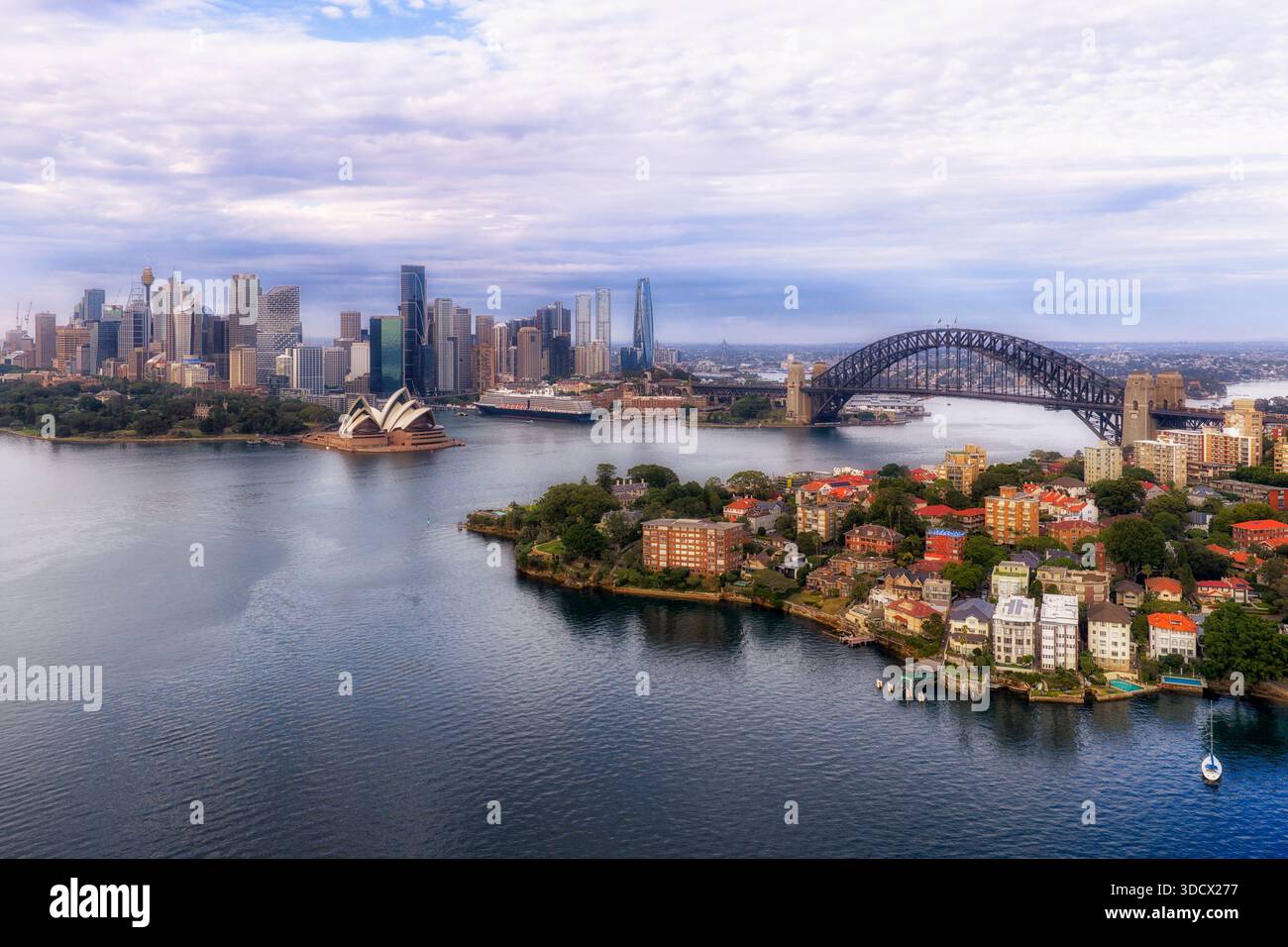 Vista aerea da cartolina sul porto di Sydney e sulle attrazioni del lungomare del CBD. Foto Stock