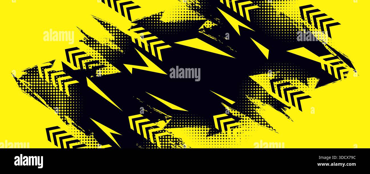 Sfondo nero e giallo Grunge con forme a freccia e motivo mezzitoni. Design astratto del banner o del poster sportivo Illustrazione Vettoriale
