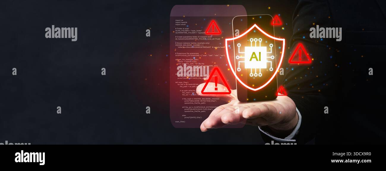 Sistema di sicurezza ai con intelligenza artificiale visualizzato su un telefono cellulare tenuto da una mano, segnali di avvertimento indicano una vulnerabilità. Foto Stock