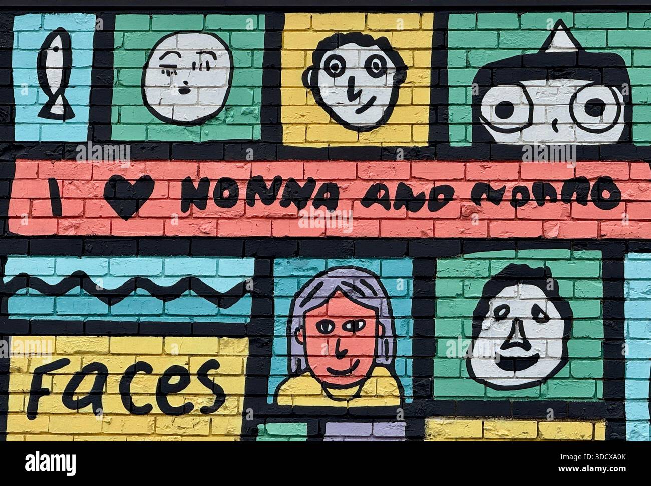 VOLTI e POSTI un murale dipinto sull'esterno della Biblioteca di Coburg dipinto dai membri della comunità locale durante il blocco di Covid 19 - Immagine stock catturata con smartphone