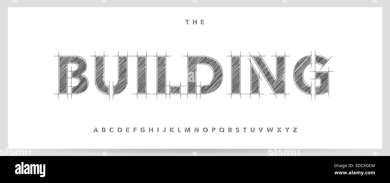 Building Technical Project font Logo Alphabet Vector Sketch Bold Stencil Letters Set Modern Architecture Typography, Creative Typographic Design for Illustrazione Vettoriale
