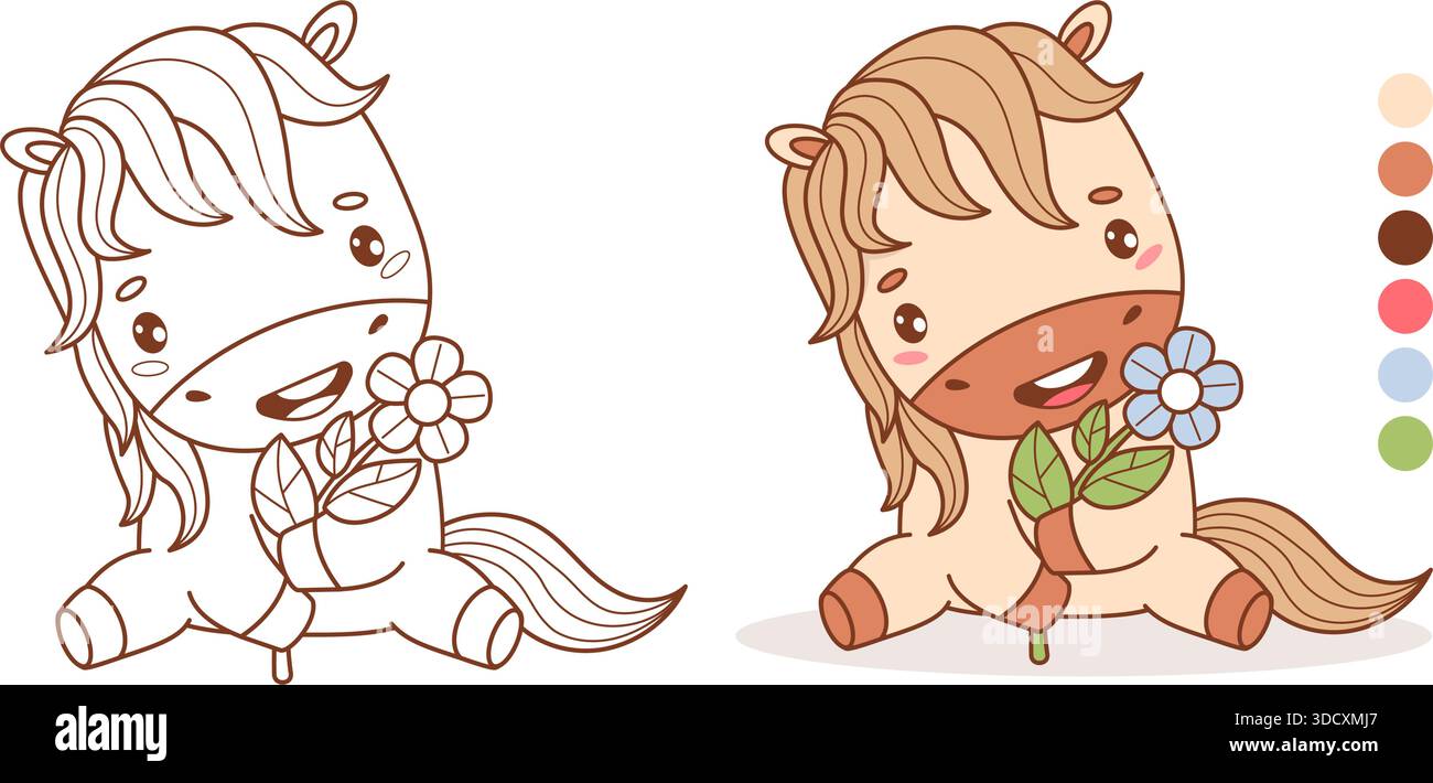 Felice Pony Cartoon con Flower. Carino set di animali Kawaii Holiday Horse. Contorno isolato e disegno a colori. Libro da colorare. Illustrazione vettoriale. Bambini Illustrazione Vettoriale