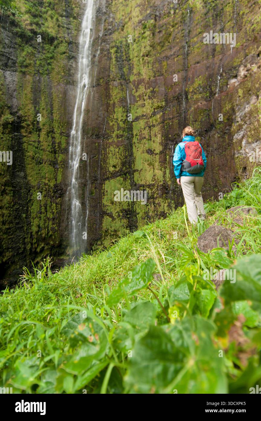 Escursionista femminile vicino a Waimoku Falls, Haleakala National Park, Hana, Maui, Hawaii Islands, STATI UNITI Foto Stock