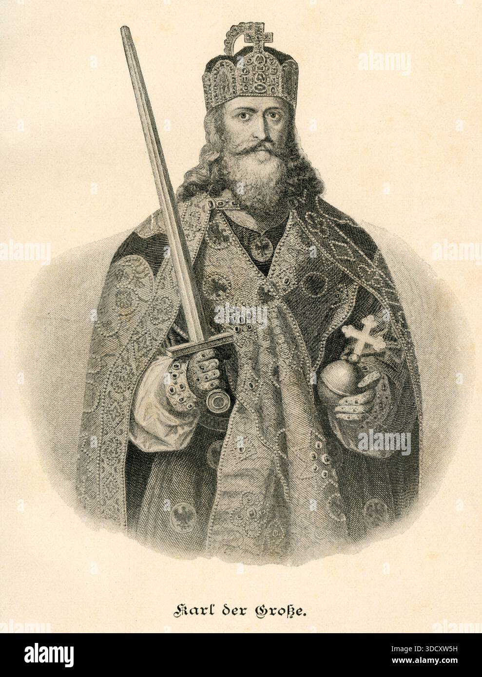 Europa, Kaiser Karl der Große , Motiv aus : ' Unser Vaterland ' , Geschichte des deutschen Volkes von den ältesten Zeiten bis zur Gegenwart , von F. Bornhak , Jubiläumsausgabe 1701 - 1901 , Verlag von Bruer & Co, Berlino , 1901 , 1. Auflage des Buches War von 1895 , Rechte werden nicht vertreten, Künstler mir unbekannt . / Europa, l'Imperatore Carlo Magno , immagine da : Unser Vaterland , storia dei popoli tedeschi dai tempi più antichi ai giorni nostri , di F. Bornhak, edizione giubilare 1701-1901 , casa editrice Bruer & Co, Berlino, 1901, la prima edizione fu Foto Stock