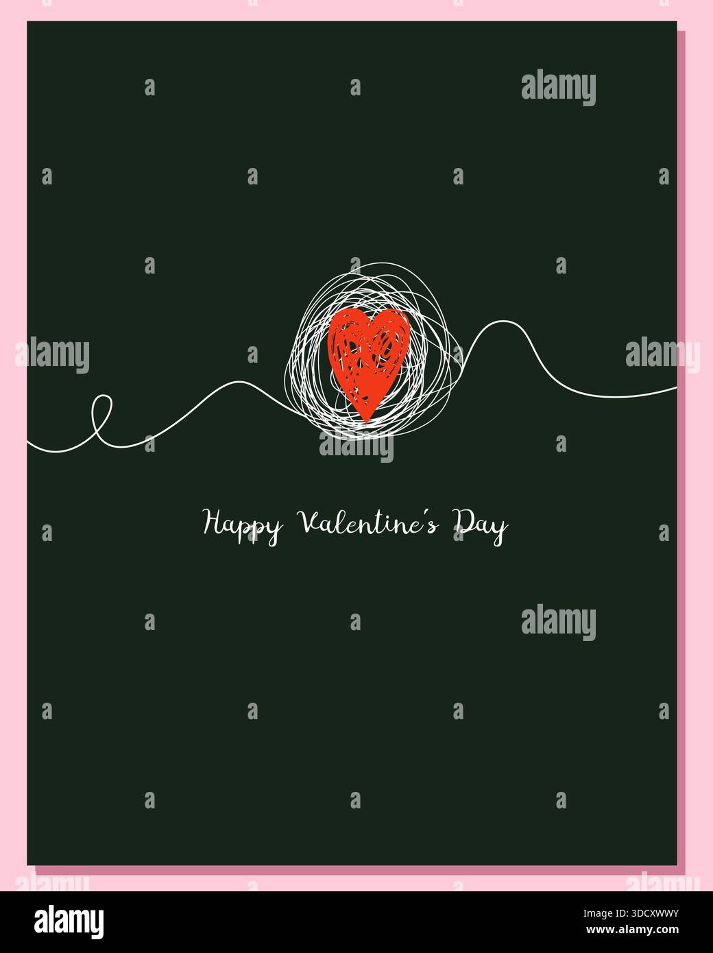 Biglietto d'auguri vettoriale di San Valentino con cuore a doodle rosso disegnato a mano con forma a palla a linea aggrovigliata, modello per disegni grafici d'amore Illustrazione Vettoriale