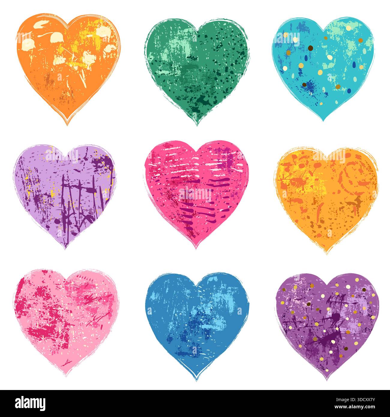 Colorate forme del cuore vettoriale con bordi rustici frastagliati, macchie e macchie in stile pennello grunge disegnato a mano per San Valentino, matrimonio Illustrazione Vettoriale