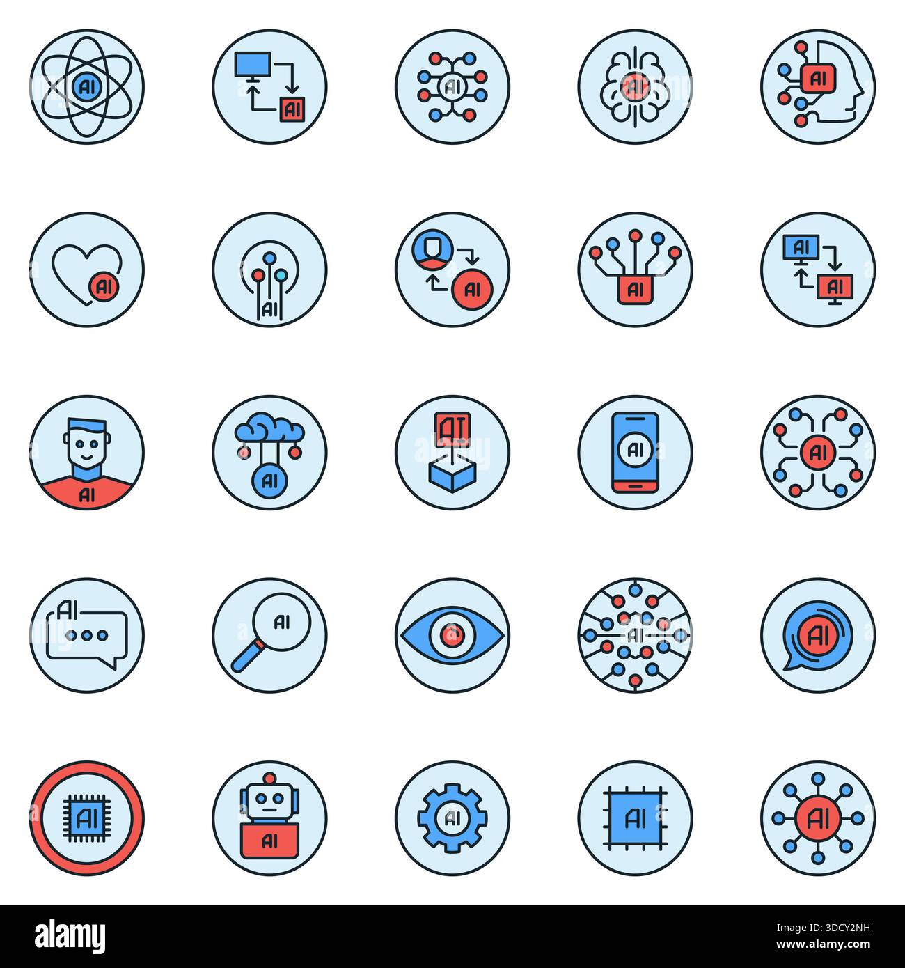 Set di icone rotonde colorate AI - Collezione di insegne creative di intelligenza artificiale innovazione e scienza Illustrazione Vettoriale