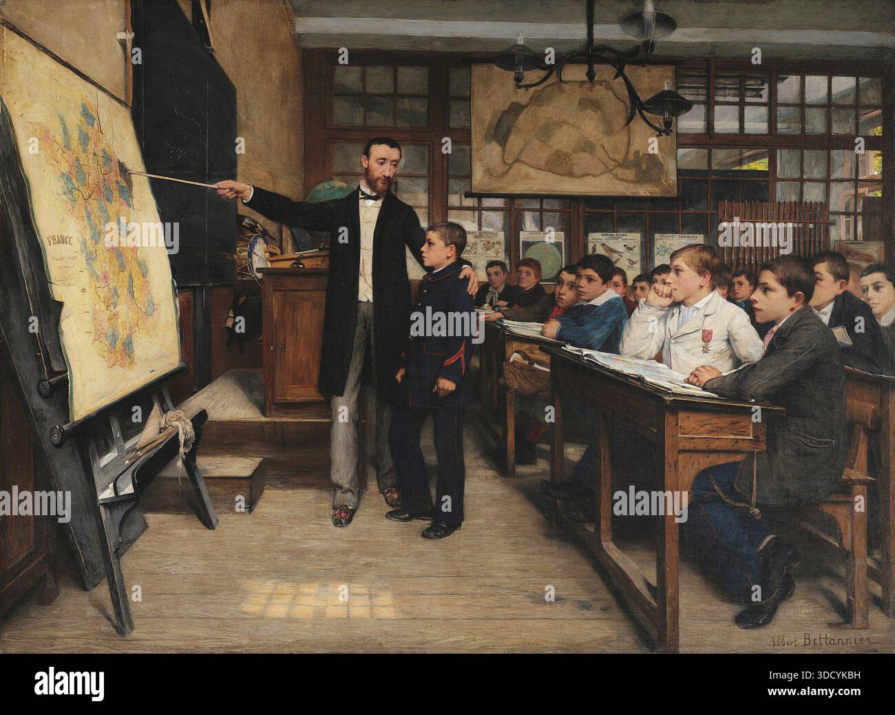 Storico dipinto di genere francese intitolato The Black Stain (noto anche come la lezione di geografia), dipinto nel 1887 da Albert Bettannier, raffigurante una scena in classe nella Francia post-guerra franco-prussiana dove un insegnante indica una mappa dell'Alsazia-Lorena, simboleggiando la perdita nazionale, il patriottismo e il ruolo dell'educazione nel plasmare la memoria collettiva durante la fine del XIX secolo. Foto Stock