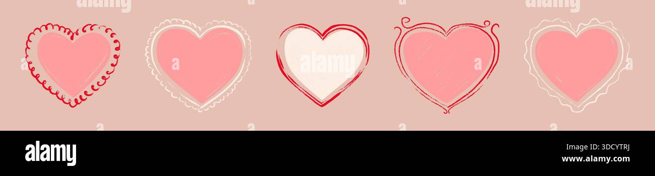 Cornici a cuore disegnate a mano con bordi ondulati in pastello per biglietti di San Valentino, inviti di nozze e romantici progetti di album con coloratissimi scarabocchi Illustrazione Vettoriale