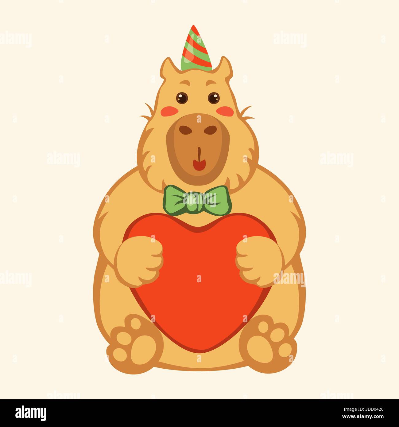 Illustrazione vettoriale piatta in uno stile semplice per bambini. Un simpatico capybara sta volando su palloncini a forma di cuore. Festa di San Valentino Illustrazione Vettoriale