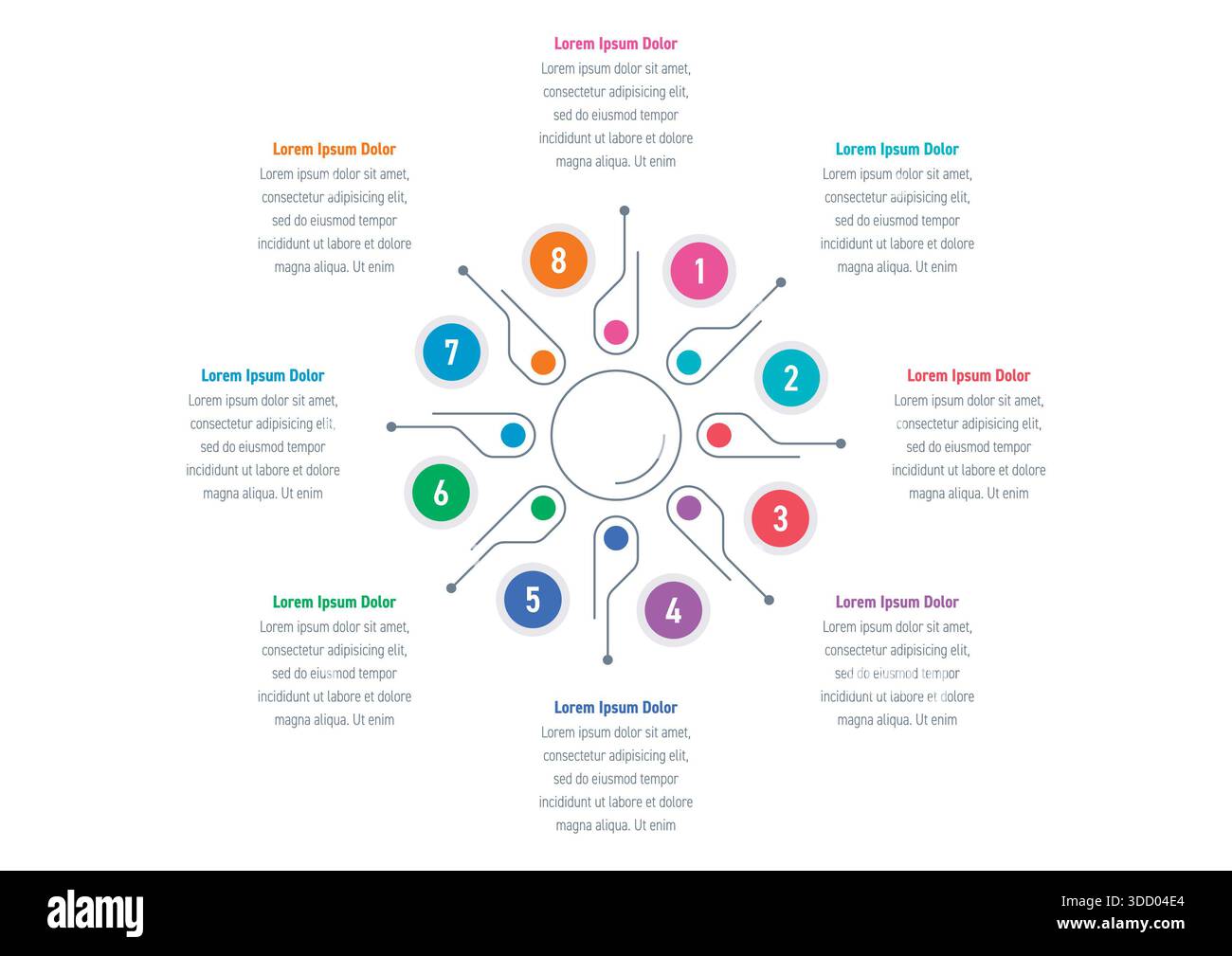 Modello infografico di otto passaggi. Modello infografico per tecnologia, istruzione, settore, business, settore Foto Stock