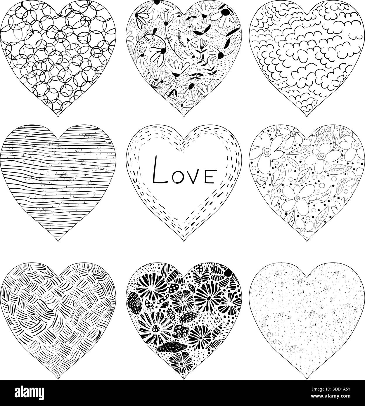 Cuori vettoriali disegnati a mano in nero con tratti, linee ed elementi floreali Illustrazione Vettoriale