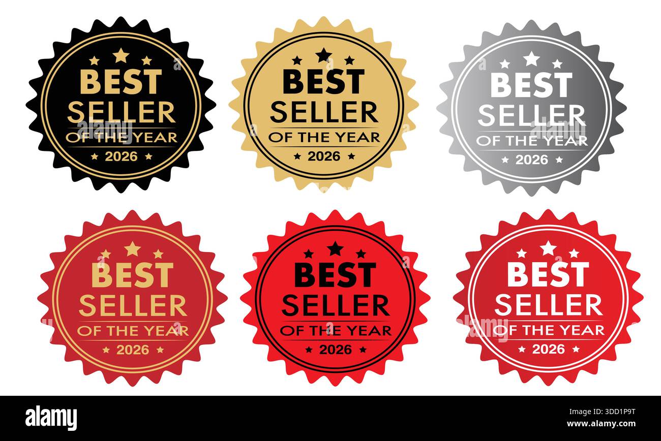 Collezione di distintivi Best Seller of the Year 2026 con sigillo Gold Silver Red Award Design per prodotti e-commerce promozione marketing Branding e online Illustrazione Vettoriale