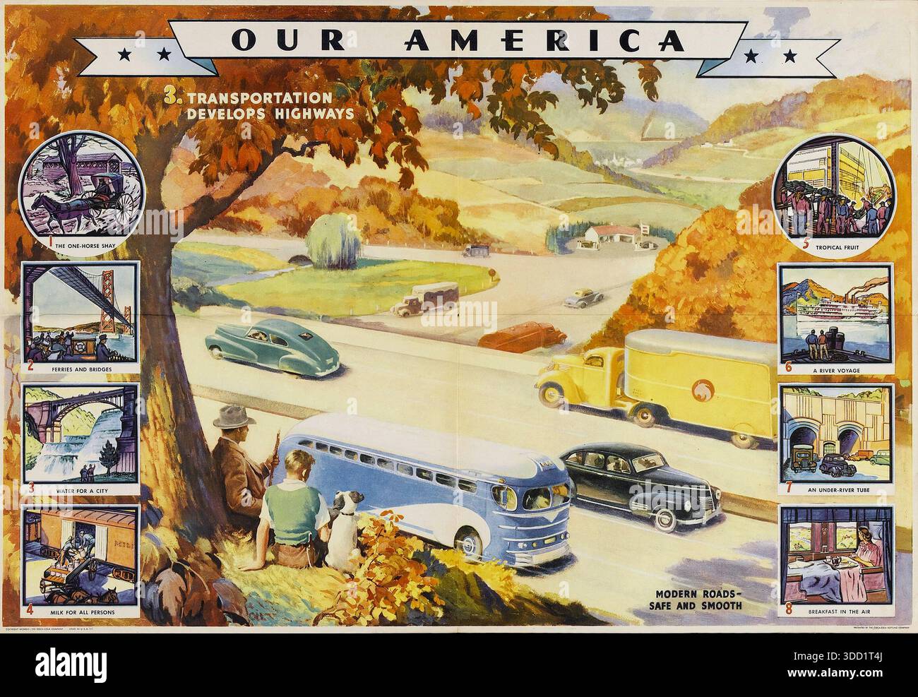 La nostra America. I trasporti sviluppano autostrade, strade moderne - sicure e lisce, 1943 - poster d'epoca commissionato dalla Coca Cola. Era della seconda guerra mondiale Foto Stock