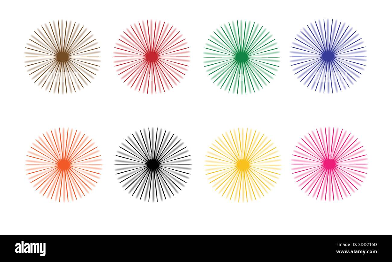 Colorato design astratto floreale a raggi solari radiali con vivaci motivi a stelle circolari forme di fiori geometriche moderne isolate sullo sfondo Illustrazione Vettoriale