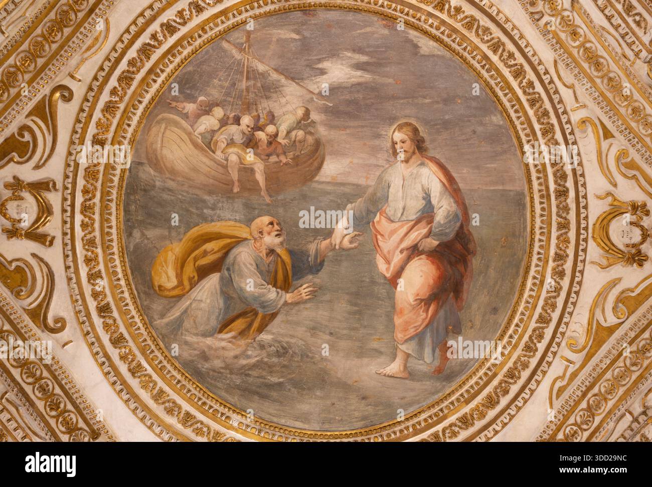 SALERNO, ITALIA - 6 OTTOBRE 2025: Affresco sul soffitto di Pietro e Gesù annegati nella cripta della Cattedrale di San Matteo del Belisario Corenzio Foto Stock