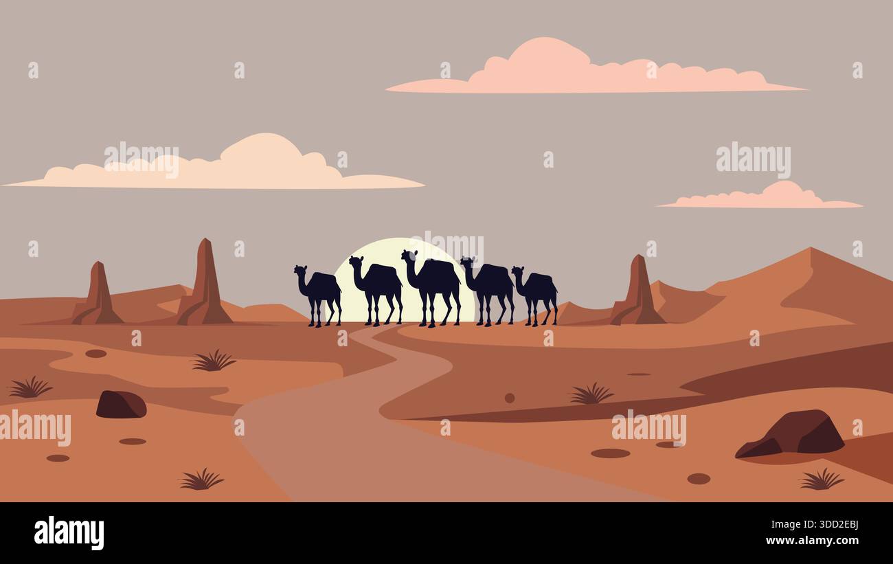 Carovana di cammelli nel deserto al tramonto Illustrazione Vettoriale