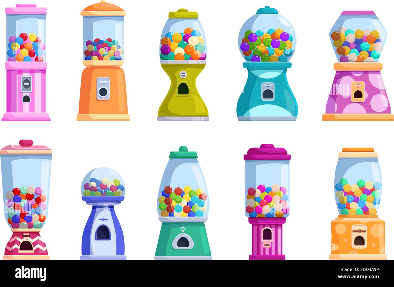 Caramelle cartoni animati. Distributori automatici con gumballs colorate e caramelle. Dolci in dispenser di vetro per ufficio, centro commerciale, negozi, zone per bambini, sapid Illustrazione Vettoriale
