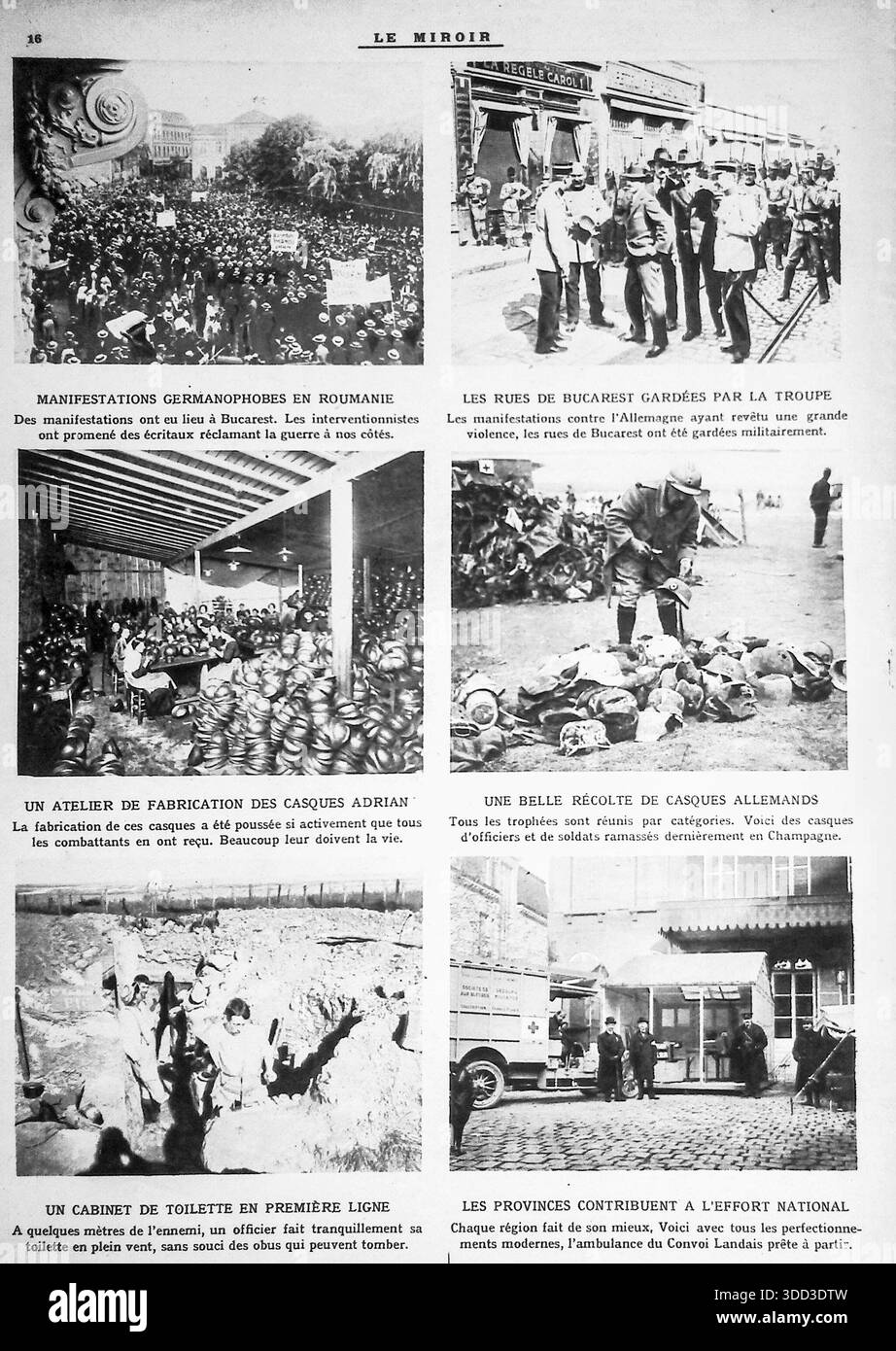 Retro pagina d'archivio monocromatica del settimanale francese le Miroir dal 21 novembre 1915, con sei vignette storiche. Le immagini principali raffigurano proteste anti-tedesche e pattuglie militari a Bucarest, Romania. Le scene intermedie mostrano una fabbrica di caschi Adrian e una collezione di caschi tedeschi catturati nello Champagne. La fila inferiore mette in evidenza un bagno improvvisato di un ufficiale francese nelle trincee in prima linea e una moderna ambulanza fornita dalla provincia di Landes, che mostra il diverso sforzo nazionale durante la grande Guerra. Foto Stock