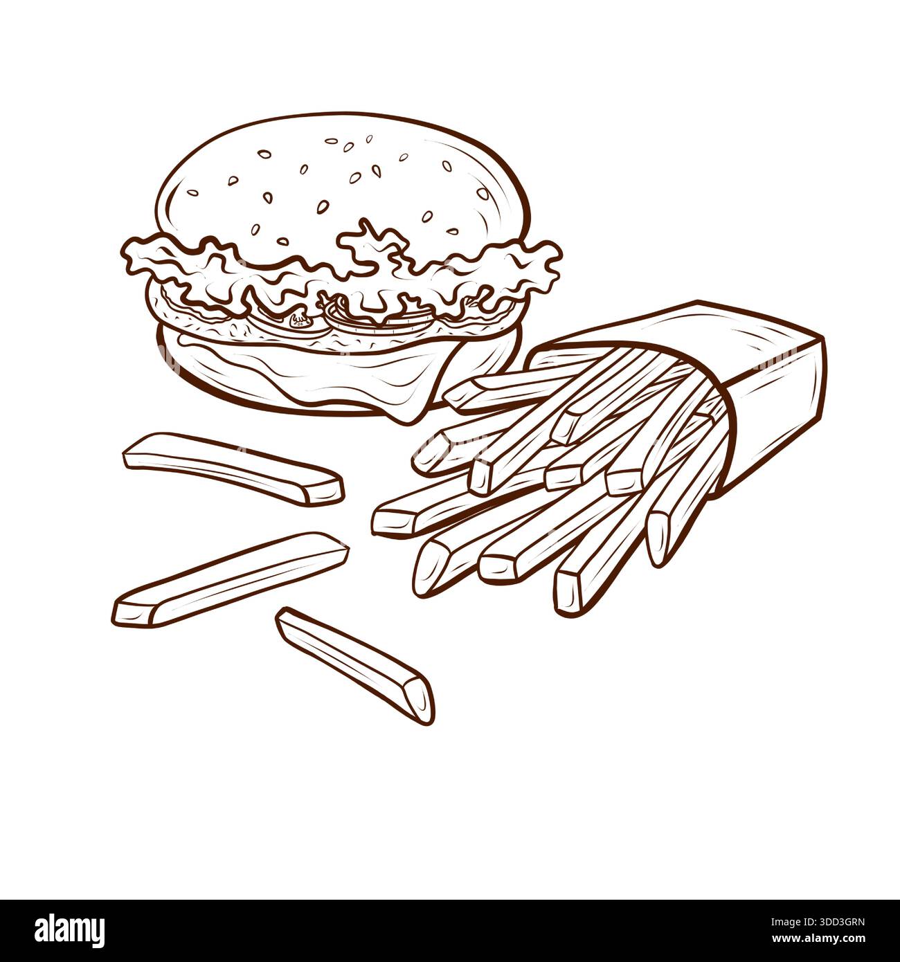 Hamburger e patatine fritte. Illustrazione vettoriale negli stili di contorno e incisione. Fast food. Adatto per menu, confezioni, poster e pubblicità Illustrazione Vettoriale