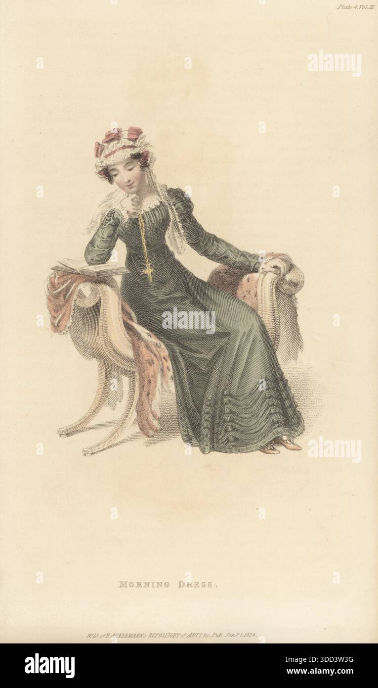 Donna alla moda in un vestito alto levantino verde profondo che legge un libro seduto su uno sgabello imbottito con ali a spirale. Il suo abito con corsage imbottito, cementazione in raso, polsini in raso, orlo con sei rouleaus di raso imbottiti e annodati. Bonnet de jolie femme di merletto britannico Mechlin. Abito mattutino. Incisione in rame colorata a mano di Thomas Uwins, alias Arbiter Elegantiarum, dal Repository of Arts di Rudolph Ackermann, Strand, Londra. Gennaio 1824. Foto Stock