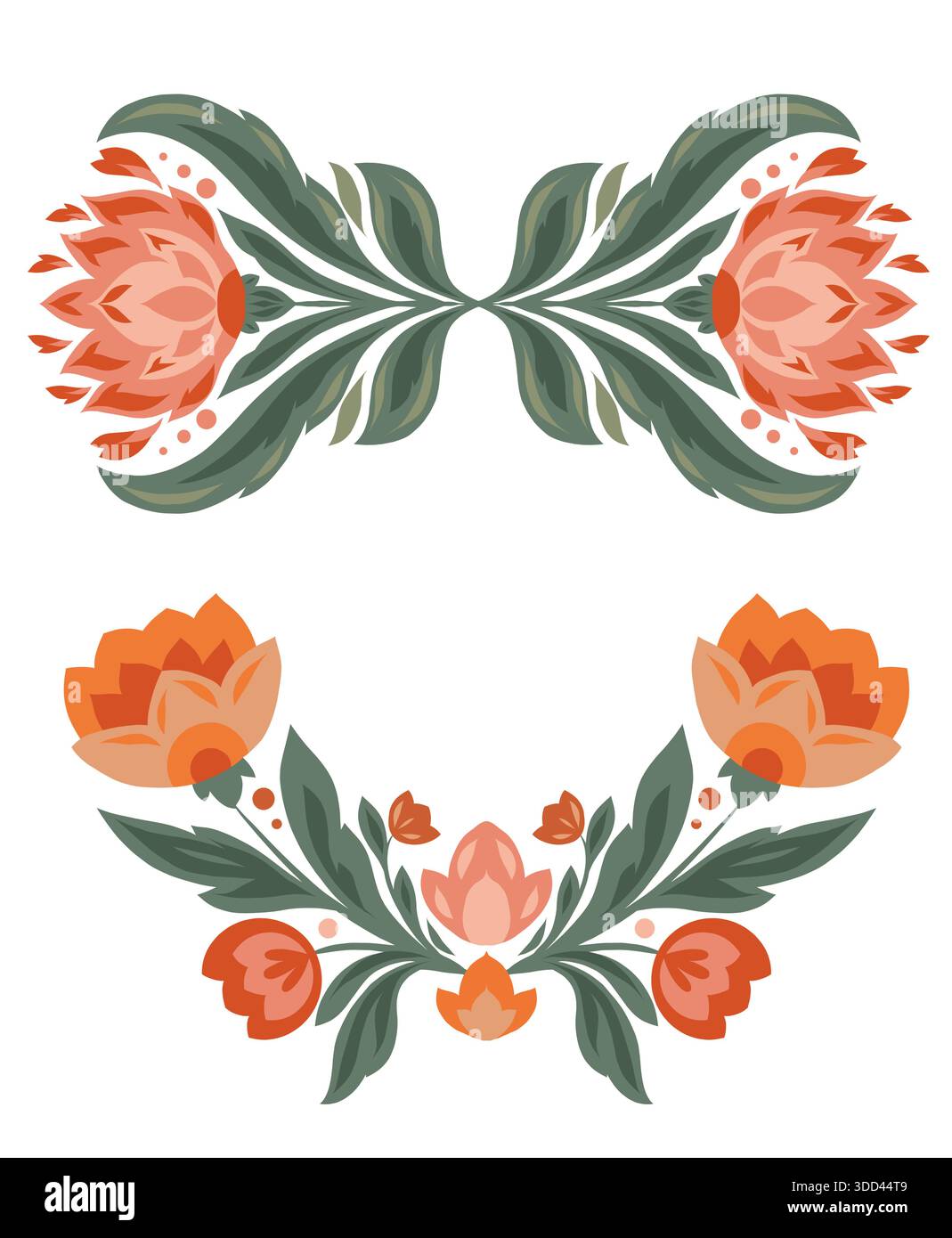 Set vettoriale di cornici di fiori d'arte popolare. Collezione di divisori floreali geometrici. Ideale per imballaggi, tessuti, adesivi, articoli di cancelleria Illustrazione Vettoriale