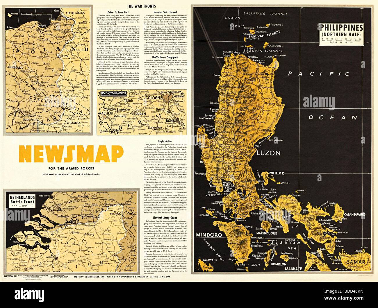A World War II Newsmap for the Armed Forces, volume III No. 30F, datato lunedì 13 novembre 1944. Il poster presenta una grande mappa della metà settentrionale delle Filippine (Luzon) e mappe più piccole del fronte di battaglia dei Paesi Bassi, la strada per Colonia e il fronte orientale in Polonia e Ungheria. Le sezioni di testo descrivono l'azione di Leyte, i raid dei B-29 su Singapore e l'avanzata russa. Foto Stock