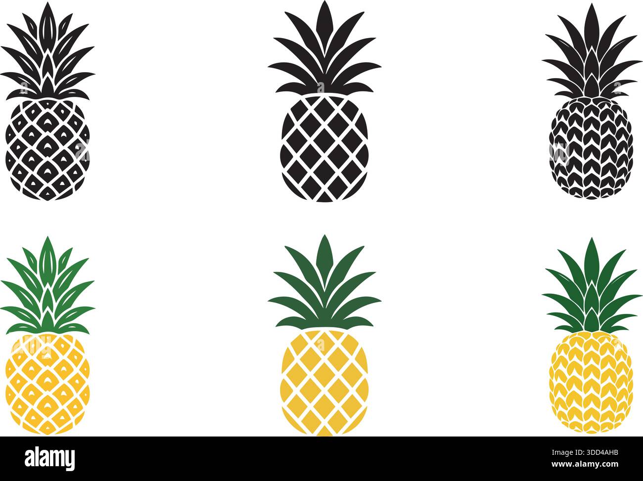 Icone vettoriali di ananas in stile nero e giallo, collezione di illustrazioni di frutta tropicale isolata su sfondo bianco. Illustrazione Vettoriale