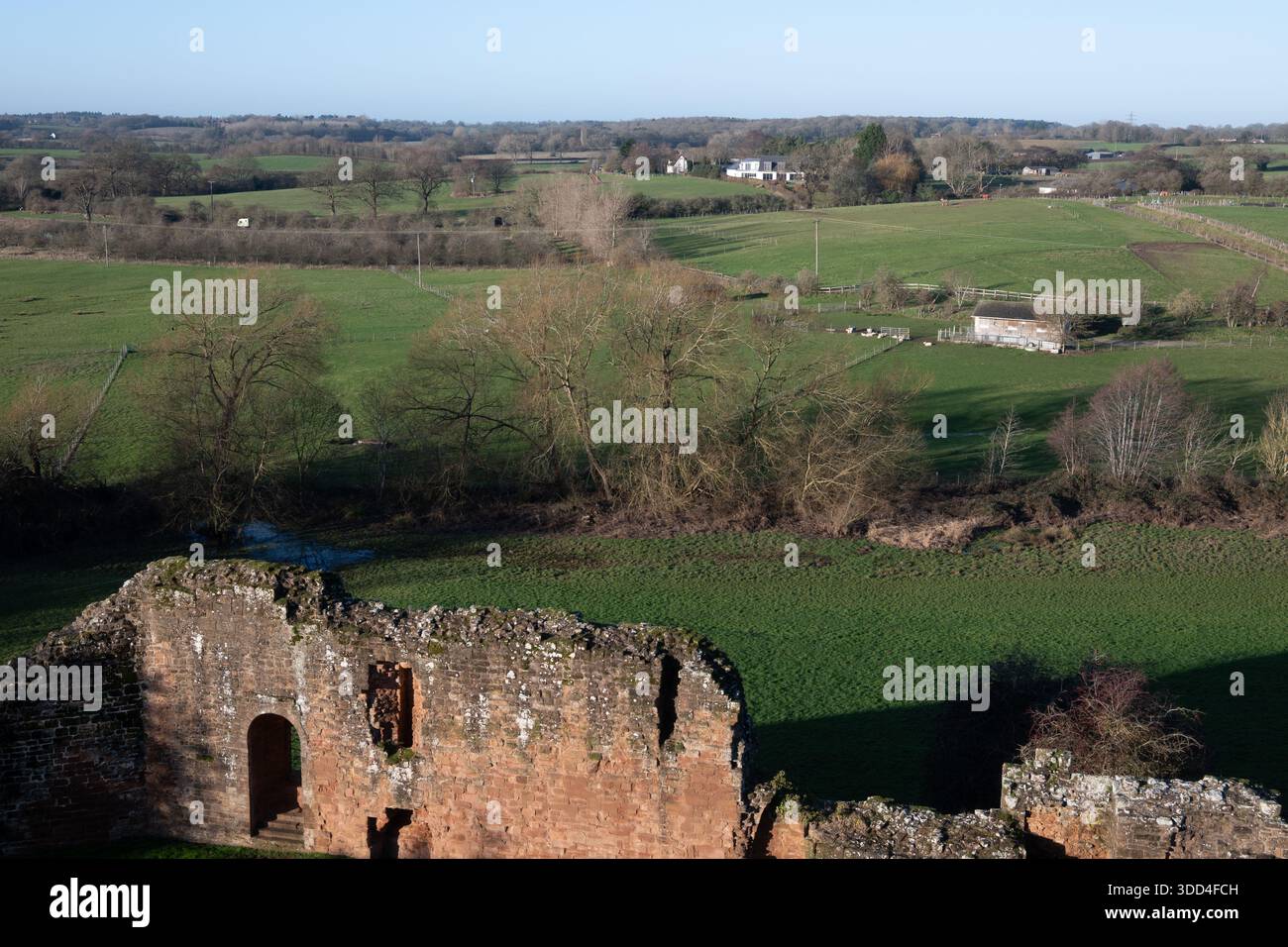 Paesaggio dal castello di Kenilworth in inverno, Warwickshire, Inghilterra, Regno Unito Foto Stock