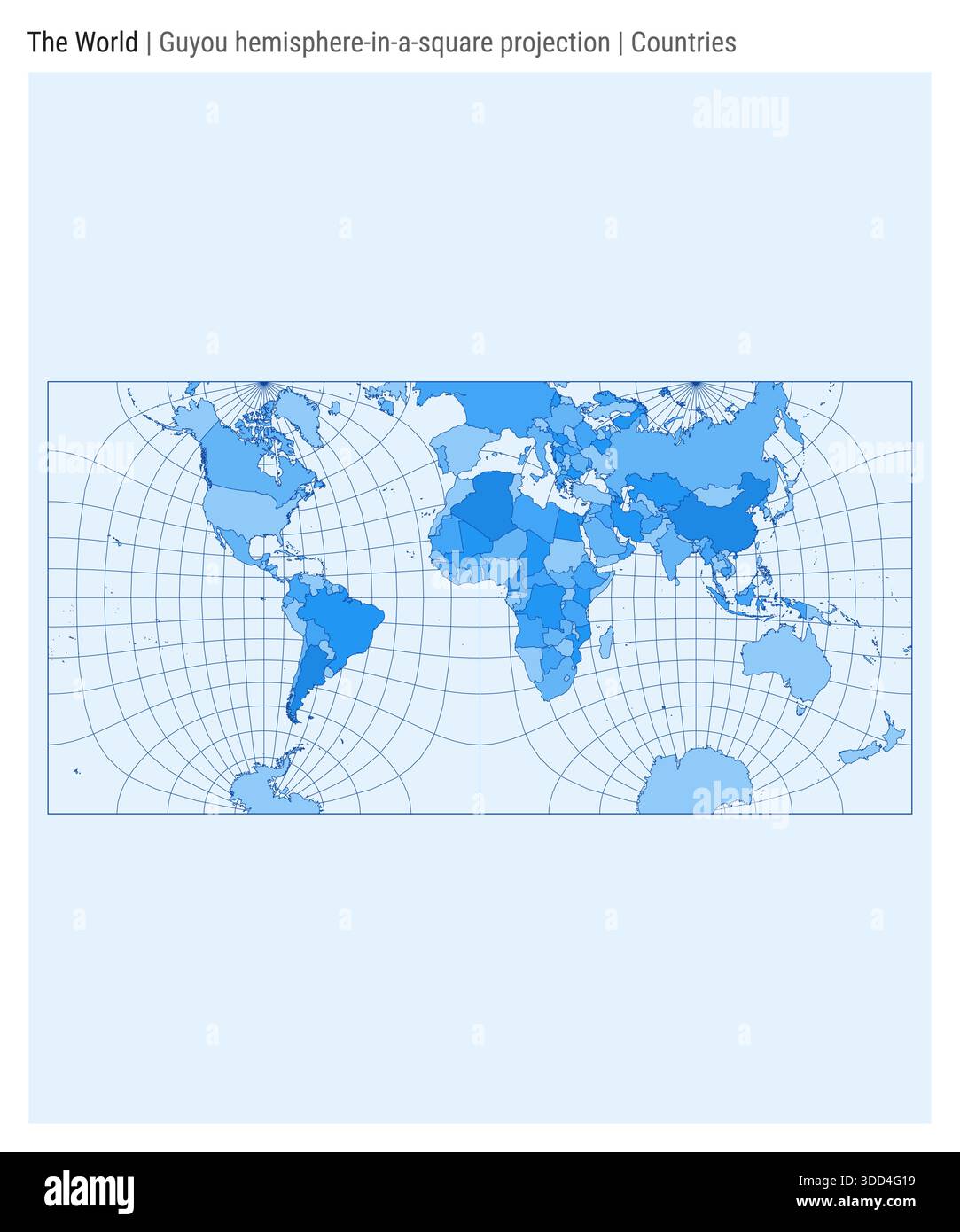 Mappa del mondo. Proiezione dell'emisfero Guyou in un quadrato. Stile country. Mappa mondiale dettagliata per infografiche, istruzione, report e presentazioni. Illustrazione Vettoriale