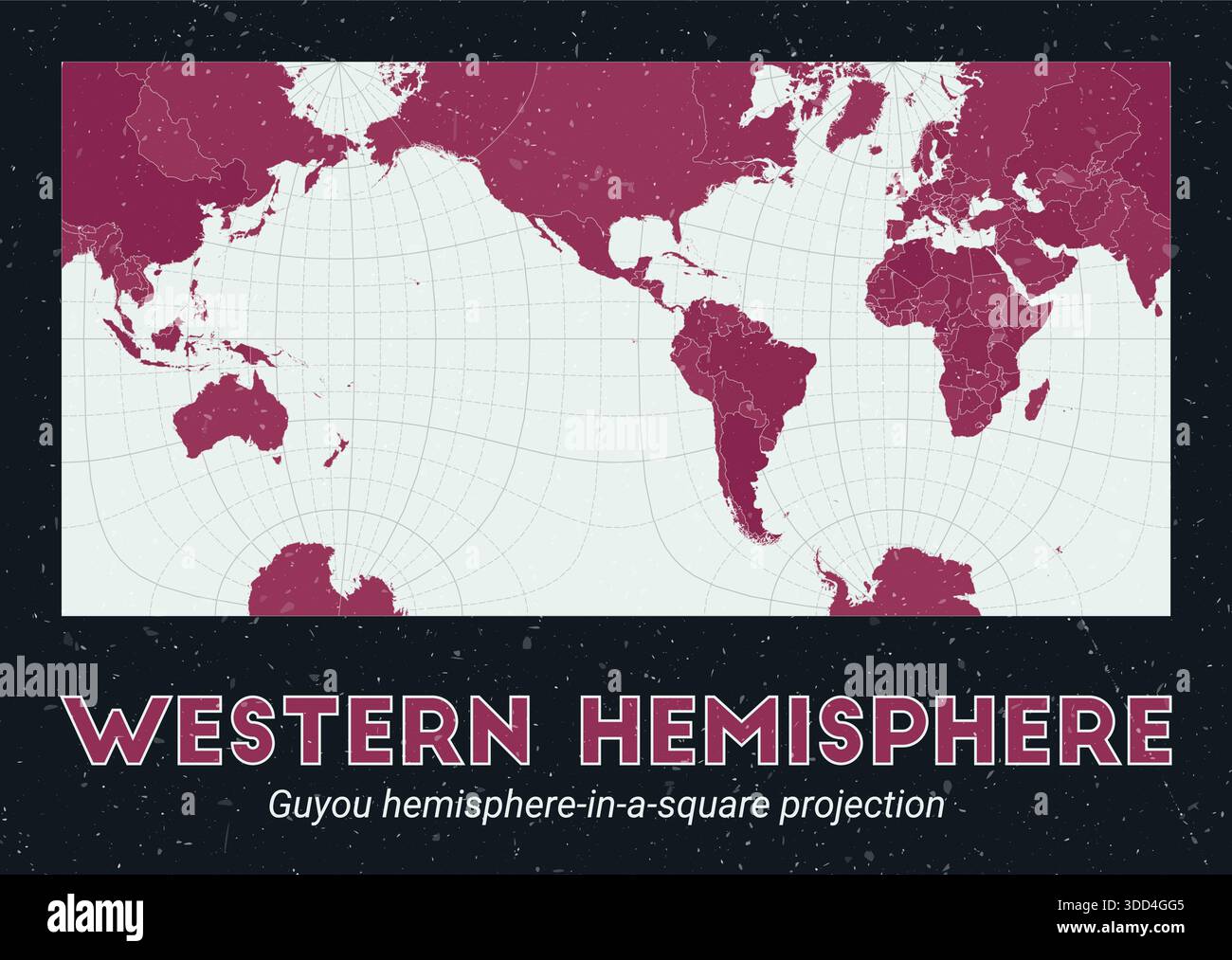 Emisfero occidentale. Mappa del mondo. Proiezione dell'emisfero Guyou in un quadrato centrata sull'emisfero occidentale. Pallido Mint Dark Pink (Rosa scuro). Texture vintage. Illustrazione Vettoriale