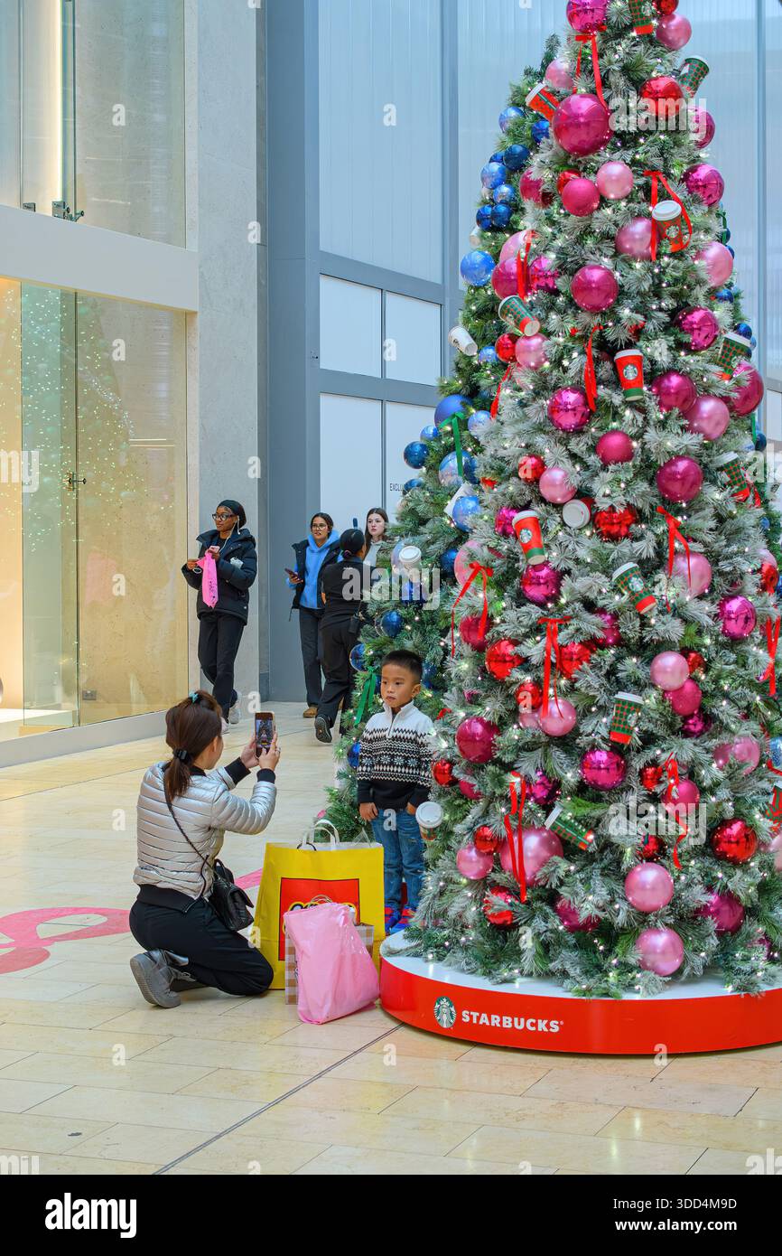 Persone che scattano foto vicino a un albero di Natale decorato all'interno del centro commerciale Yorkdale Foto Stock