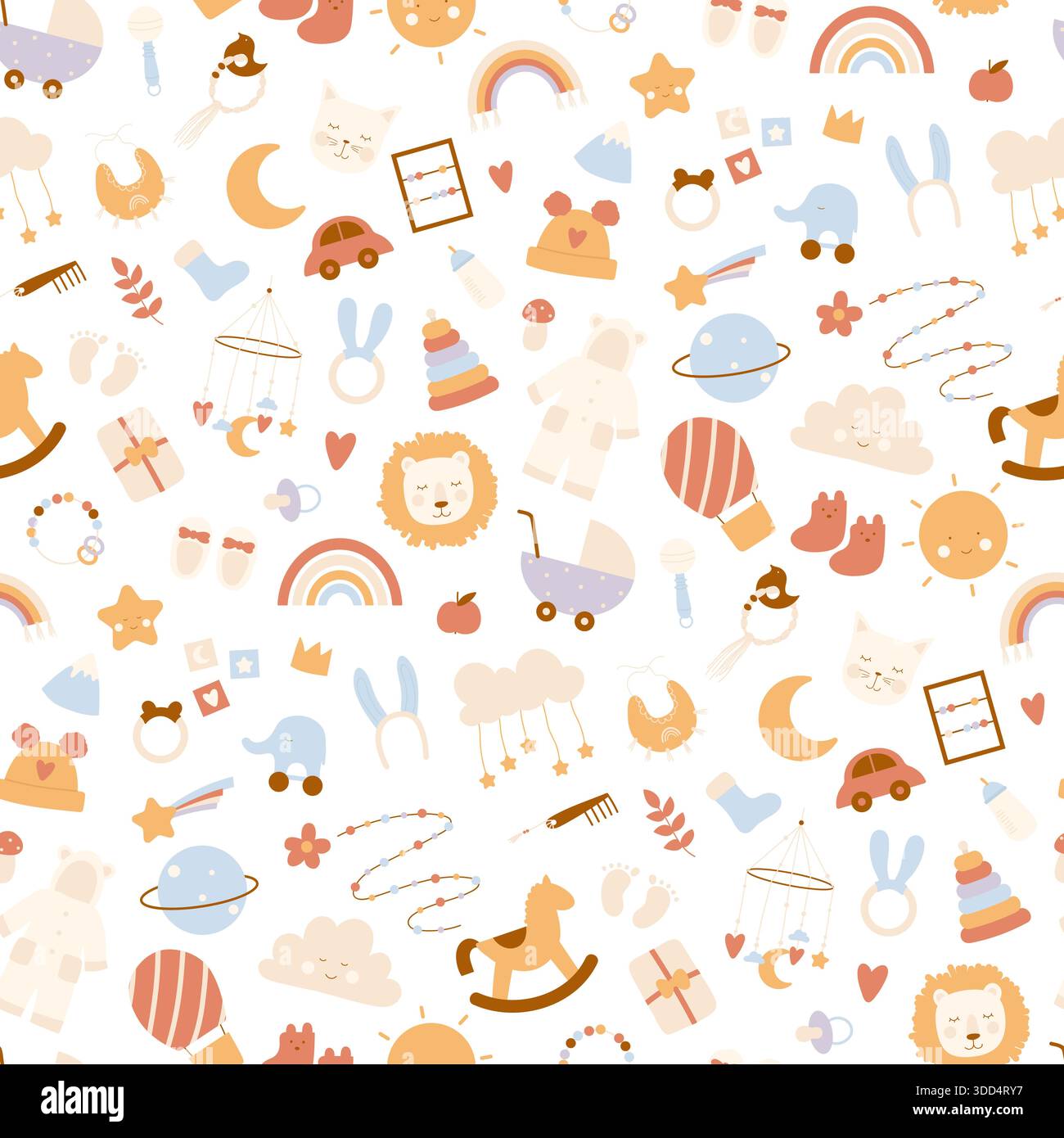 Allegro motivo boho baby senza cuciture con arcobaleni, animali, giocattoli, nuvole e sole in colori pastello tenui, ideale per il vivaio e i bambini, isolato su sfondo bianco, illustrazione vettoriale Illustrazione Vettoriale