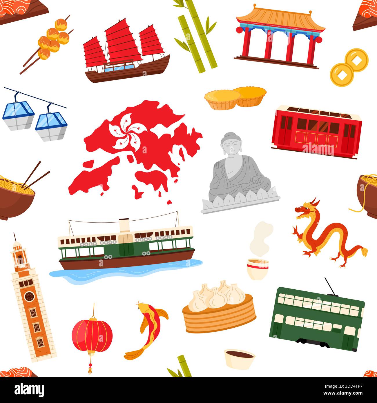 Icone tradizionali di Hong Kong, tra cui mappa, cibo, trasporti, drago e monumenti, disposte in un modello senza cuciture, ideali per temi culturali e di viaggio, isolate su sfondo bianco Illustrazione Vettoriale